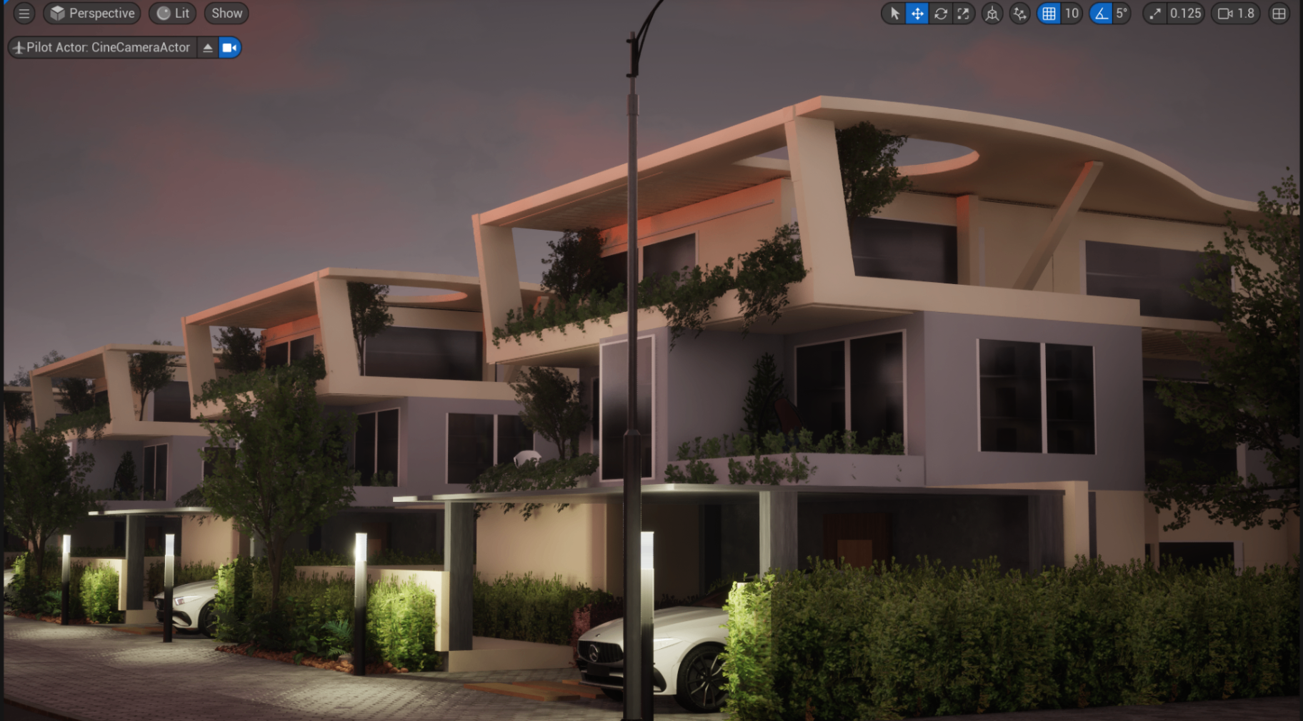 Elevate - townhouse exterior at dusk